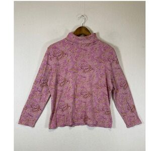 Boho Paisley Layering Basic Editions Women Lg Pink Floral Cotton Turtleneck Top